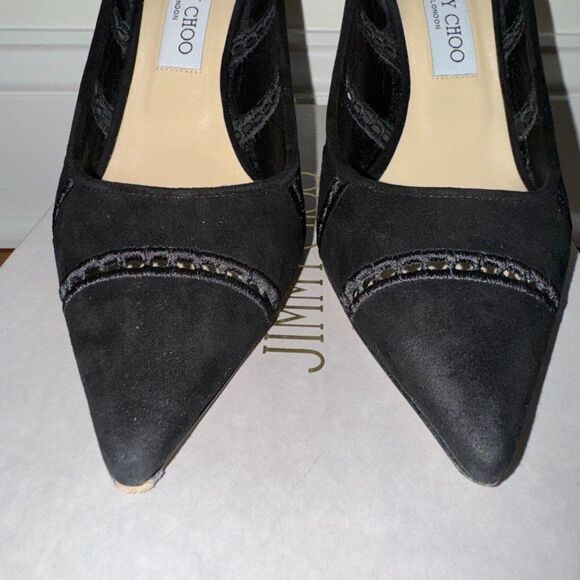 Jimmy Choo Black Embroidered Perforated Suede Agnes Heels - Picture 3 of 10